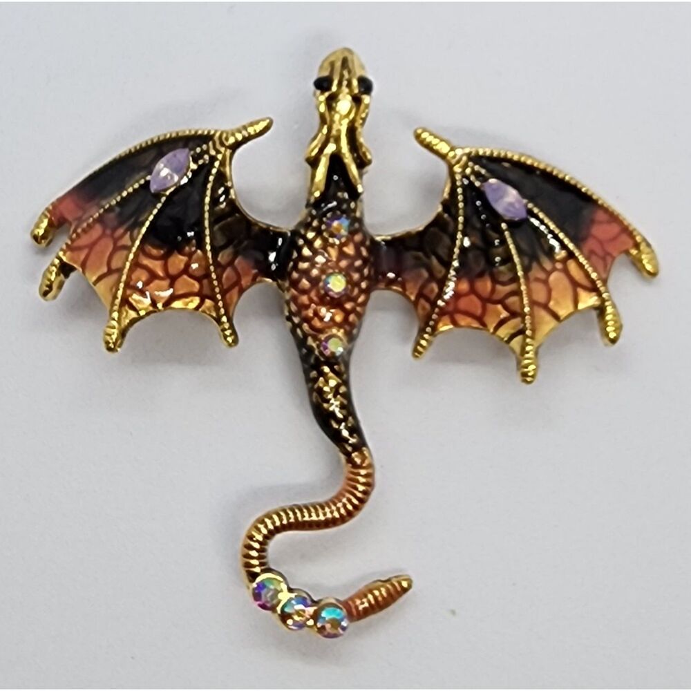Flying Dragon Brooch Faux Jewel and Brown & Bronze Enamel Fantasy Mythic Animal